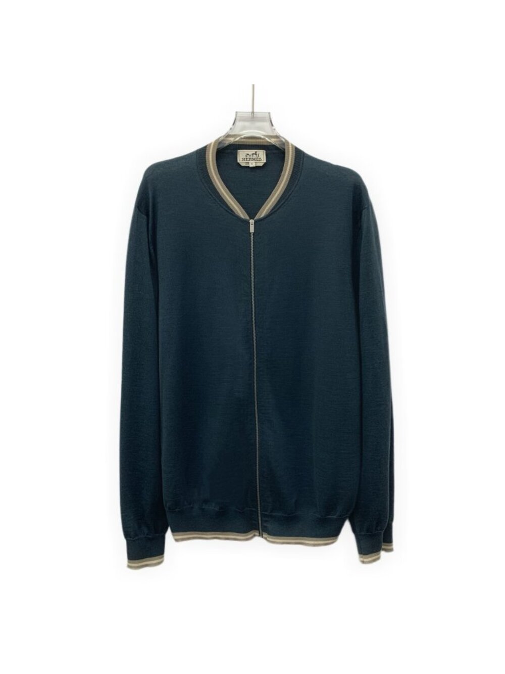 Hermès Dark Green Goat Cashmere Stand-Collar Zip Knit Cardigan